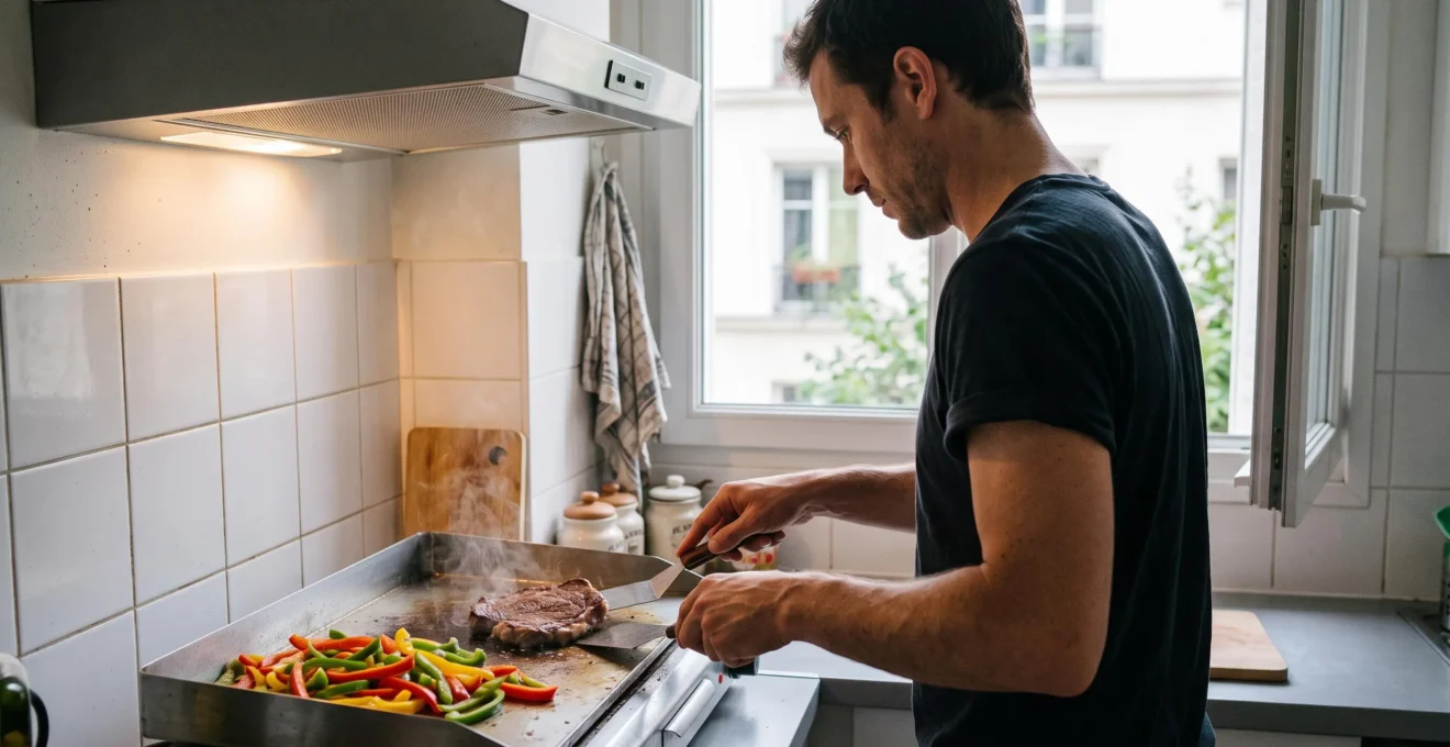 Un homme cuit des steaks et des poivrons sur une plancha électrique dans une cuisine d'appartement sous une hotte aspirante.