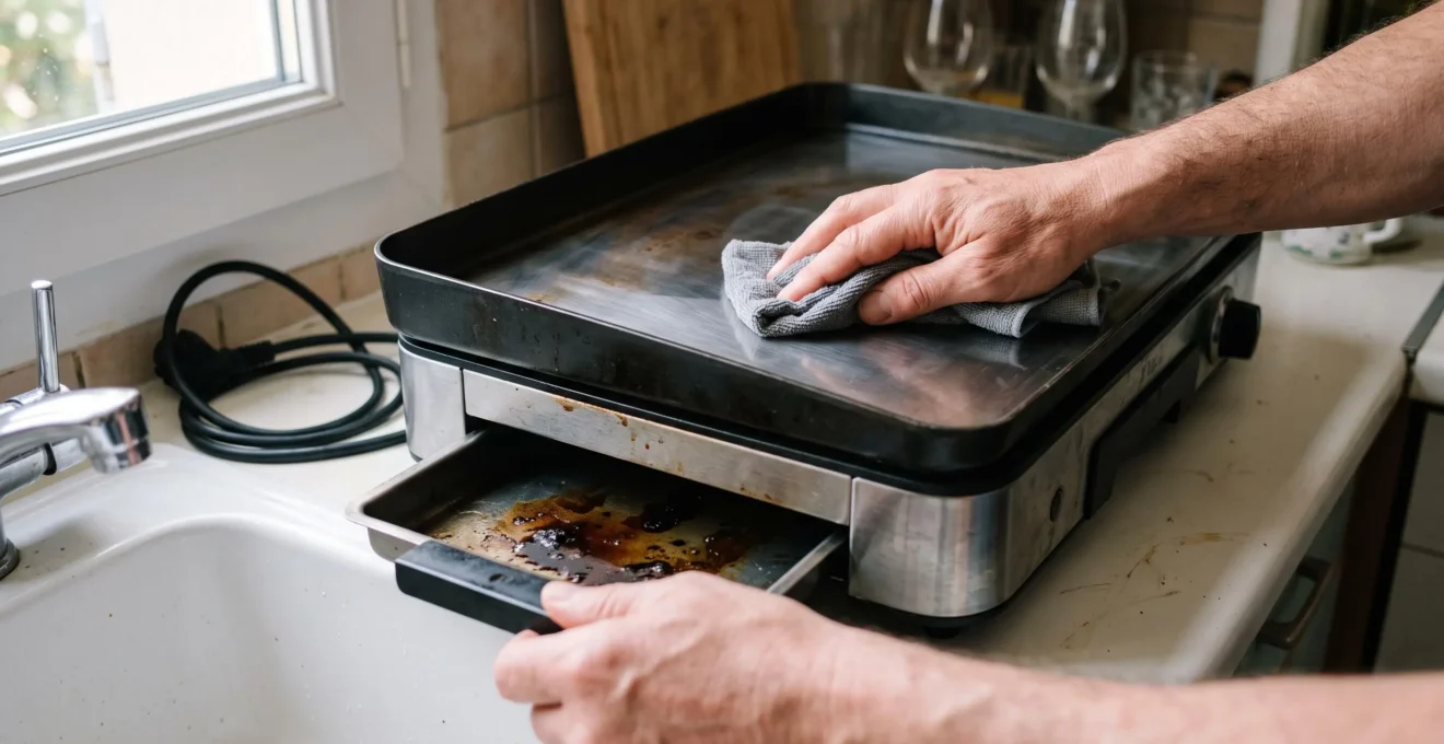 Des mains nettoient la plaque d'une plancha électrique avec un chiffon humide, le récupérateur de graisses retiré à côté.