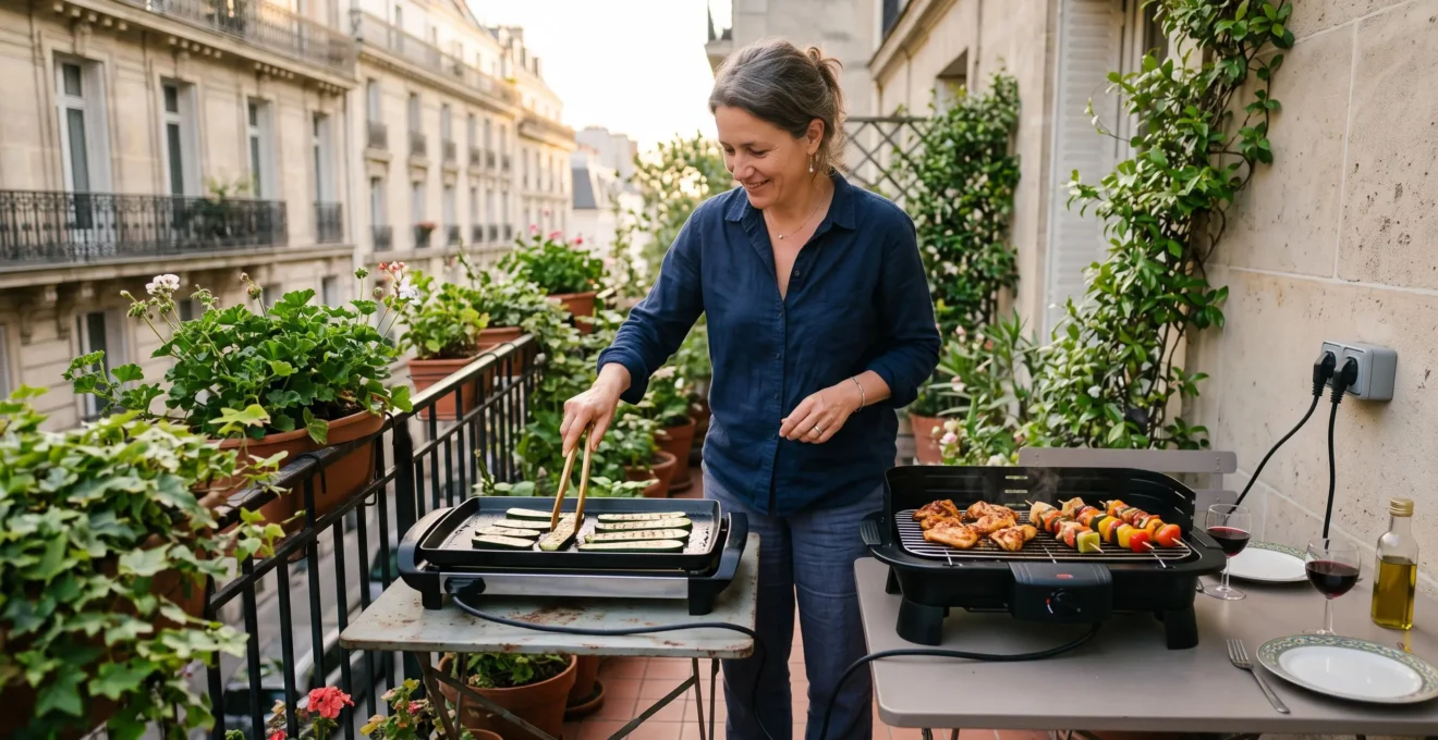 Une femme fait cuire des légumes sur une plancha électrique au bord d'un barbecue électrique sur le balcon d'un appartement.