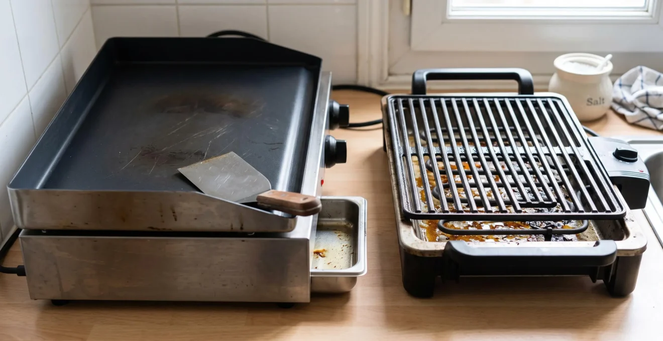 Gros plan comparant une plaque pleine de plancha électrique et une grille à barreaux de barbecue électrique posés sur un plan de cuisine.